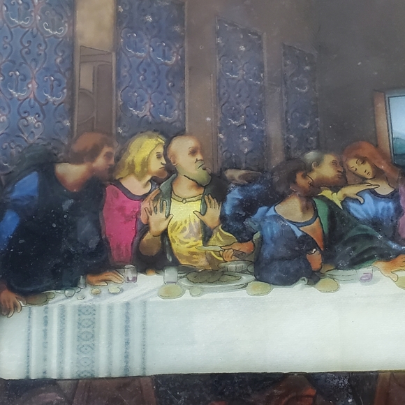 Vtg Stained Glass Art The Last Supper Leonardo Da Vinci Forest Lawn 16x9" Window - Picture 10 of 16